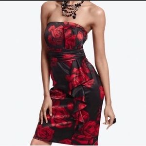 White House Black Market Red Rose Print Satin Strapless Dress Size 4